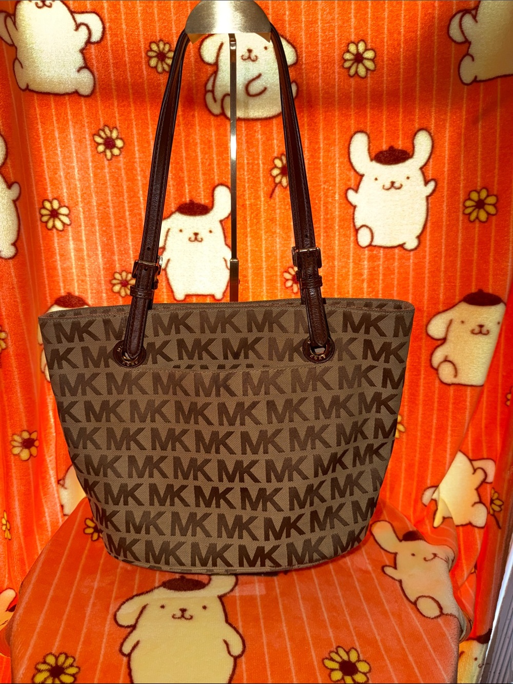 Michael Kors Brown MK Logo Tote with Dark Brown Straps